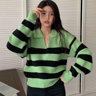 Polo-neck Striped Sweater Green - One Size