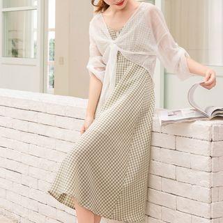 Set : Light Cardigan + Plaid Suspender Skirt Green - One Size