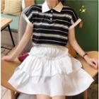 Striped Short-sleeve Polo Shirt / Tiered Mini Skirt