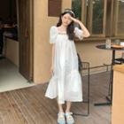 Puff-sleeve Lace Trim Midi A-line Dress White - One Size