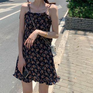 Spaghetti Strap Floral Print A-line Dress Tangerine Floral - Black - One Size