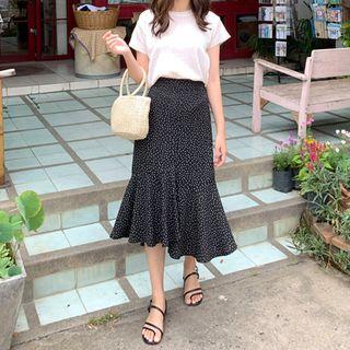 Ruffle-hem Dotted Midi Skirt Black - One Size
