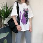 Short Sleeve Cat Printed Tee White - One Size