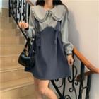 Mock Two-piece Color Block Peter Pan Collar Long-sleeve Dress