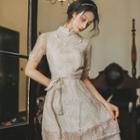 Short-sleeve Lace Floral Qipao Dress