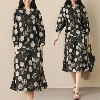 Set : Dotted Top + Print Semi Skirt