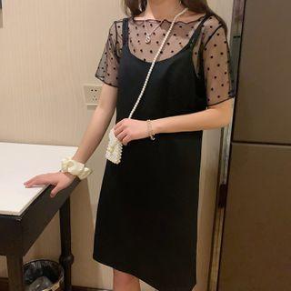 Set: Dotted Short-sleeve Mesh Top + Plain Pinafore Dress