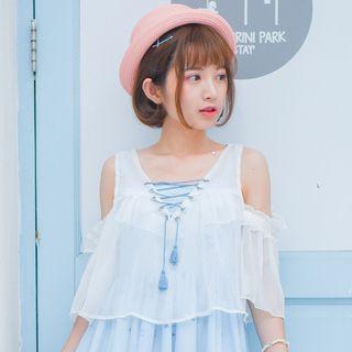 Tasseled Cold Shoulder Elbow-sleeve Top