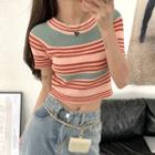 Short-sleeve Striped Cropped T-shirt Stripes - Blue & Red & Pink - One Size