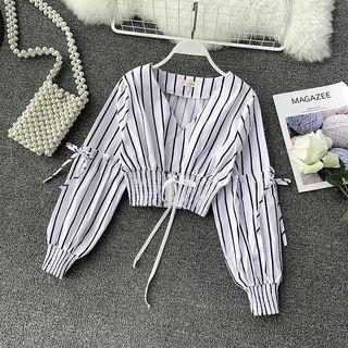 Long-sleeve Pinstriped Crop Top