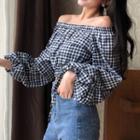 Long-sleeve Off-shoulder Gingham Crop Top As Shown In Figure - One Size