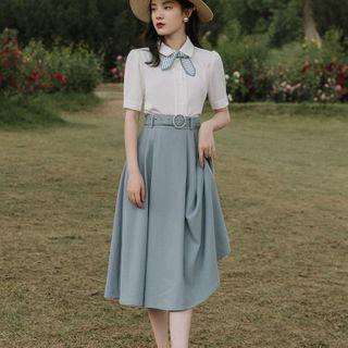 Set: Tie-neck Short-sleeve Shirt + Midi A-line Skirt