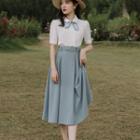Set: Tie-neck Short-sleeve Shirt + Midi A-line Skirt