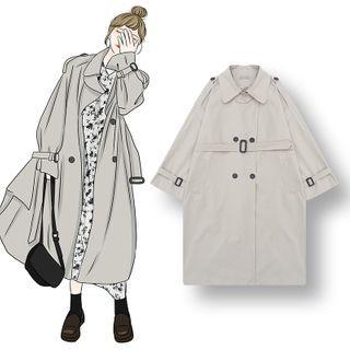Double-breasted Trench Coat / Floral Midi A-line Dress