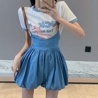 Short-sleeve Print T-shirt / Suspender Shorts