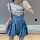 Short-sleeve Print T-shirt / Suspender Shorts