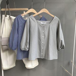 Plaid Elbow-sleeve Square Neck Blouse