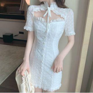 Short-sleeve Cutout Front Lace Dress