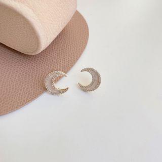 Moon Rhinestone Shell Earring 1 Pair - S925 Silver - White - One Size