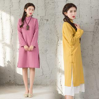 Plain Long Sleeve Mandarin Collar Dress