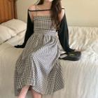 Spaghetti Strap Plaid Midi Dress / Long-sleeve Shrug
