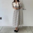 Elbow-sleeve Collared Floral Print Maxi A-line Dress