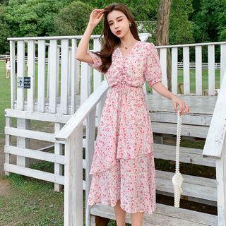 Floral Short Sleeve Drawstring V-neck Chiffon Dress