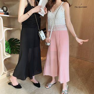 Spaghetti Strap Perforated Top / Wide-leg Pants / Set