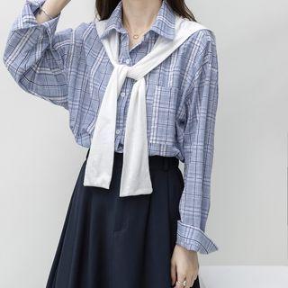 Set : Long-sleeve Polo-collar Plaid Shirt + Plain Shawl Blue - One Size