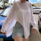 Long Sleeve Sheer Knit Slit Top Milky White - One Size