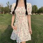 Puff-sleeve Floral Lace-up Mini A-line Dress White & Pink - One Size