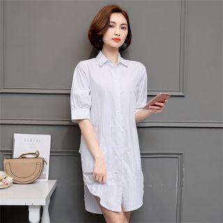 Plain Elbow Sleeve Shirt Dress