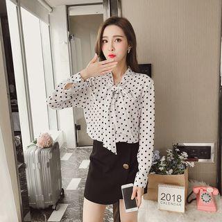 Polka Dot Tie-neck Long-sleeve Chiffon Blouse