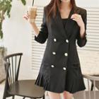 Long-sleeve Pleated-hem Metallic-button Mini Dress