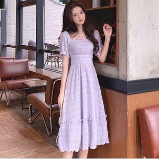 Short Sleeve Scoop Neck Frill Trim Shirred A-line Dress