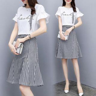 Set: Lettering Short-sleeve T-shirt + Plaid High-waist A-line Skirt