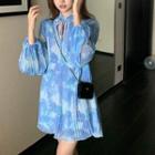 Floral Long-sleeve Dress Blue - One Size