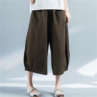 Elastic-waist Cropped Wide-leg Pants Coffee - One Size