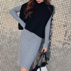 Set: Long-sleeve Knit Dress + Knit Vest As Shown In Figure - One Size