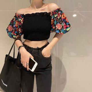 Off-shoulder Floral Print Panel Blouse