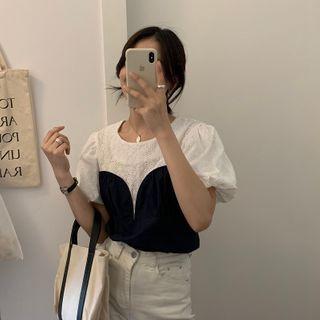 Mock Two-piece Eyelet Puff-sleeve Blouse