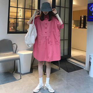 Elbow-sleeve Pocketed Shirt Dress