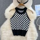 Check Halter Knit Tank Top Black - One Size
