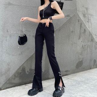 High Waist Plain Slit Boot-cut Pants