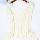 Long-sleeve Lace Panel T-shirt Beige - One Size