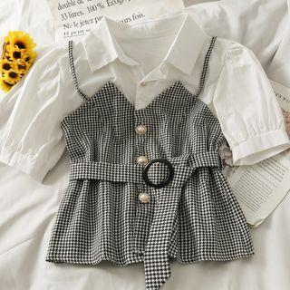 Mock Two-piece Houndstooth Shirt With Belt