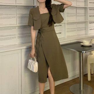 Spaghetti Strap Midi A-line Dress / Short-sleeve Cropped Jacket