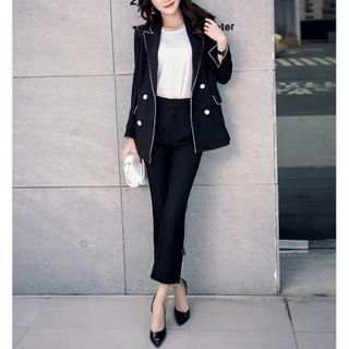 Set: Contrast Trim Blazer + Cropped Boot Cut Pants