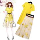 Set: Pineapple Detail Short-sleeve T-shirt Dress + Flower Embroidered Mesh A-line Skirt