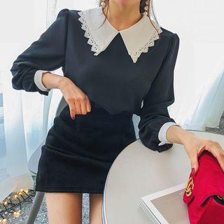 Laced Collar Bishop-sleeve Chiffon Blouse